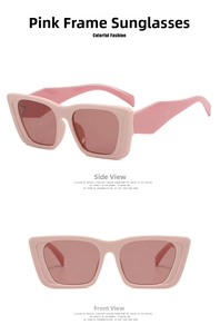 Front and side view of square pink frame sunglasses with gradient tea lenses for women