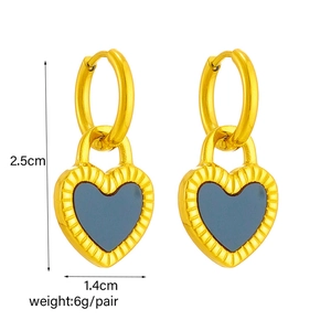 Golden heart earrings with blue inlay, 2.5cm size and 6g weight, minimalist style