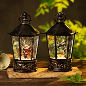 Christmas Snow Globe Lantern Music Box Vintage Bronze LED Light Swirling Snowflakes Musical Decor Santa Claus Snowman