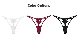 Three-color display of sexy lace thongs in white, burgundy, and black embroidery