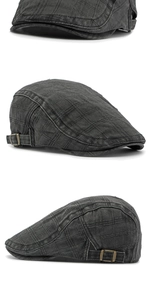 Detalle de gorra plana vintage gris con textura de cuadros y hebilla de metal bronce