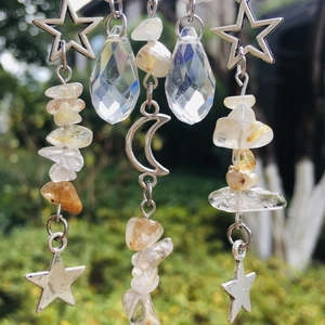 Close-up of metal suncatcher with butterfly and moon details and yellow crystal beads