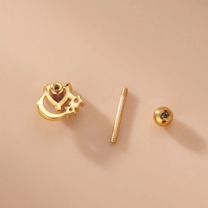 Golden stainless steel heart screw stud earring with purple zircon and crescent moon