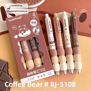 Detail of 0.5mm ST tip gel pens with soft sponge grip in coffee themed colors