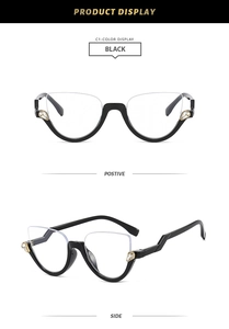 Detailed front and side views of black cat-eye glasses frames with crystal accents