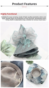 Detail of foldable grey sun hat showing breathable inner lining and lace flower design