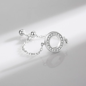 Minimalist S925 sterling silver chain ring with hollow zircon circle and adjustable bead