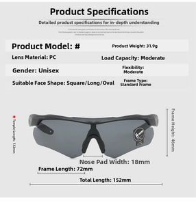 Comprehensive technical specifications and size chart for tactical shooting glasses