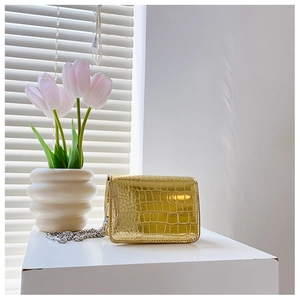 Detail view of mini gold crocodile texture crossbody bag with silver chain on white table