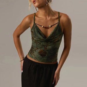 Floral Print Camisole V-Ausschnitt Slim Fit Dunkelgrün Perlendekor Vintage Ästhetik Ärmelloses Tank Top Damen Sommer