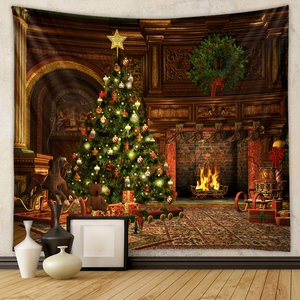 Detail of Christmas tapestry featuring a vintage fireplace, tree, and festive ornaments