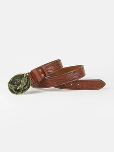 Detailed view of brown leather belt with embossed floral patterns and bronze eagle buckle