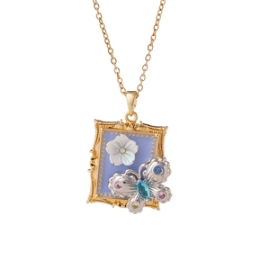 French style Monet oil painting butterfly pendant necklace with colorful gemstones