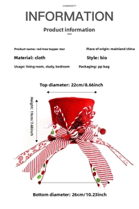 Detailed size chart of red Christmas tree topper hat with dimensions and velvet finish