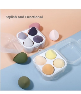 Macro detail of 4-pack makeup sponge set with teardrop and slanted shapes in clear box
