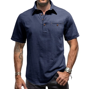 Navy blue men's linen short sleeve beach shirt with half button placket and chest pocket