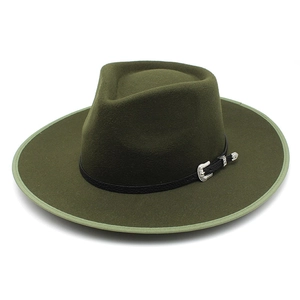 Dark green wool fedora hat with wide brim, black leather band and silver western buckle