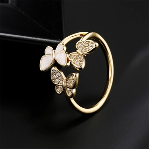 18K gold plated butterfly open ring with white enamel and sparkling zircon accents
