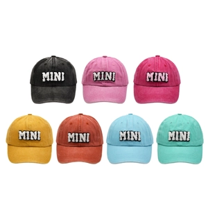 Washable cotton baseball caps in 7 colors with fuzzy MINI letter towel embroidery