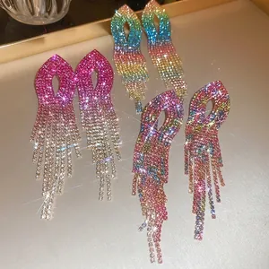 Three pairs of elegant gradient rhinestone tassel earrings with waterdrop-shaped stud design