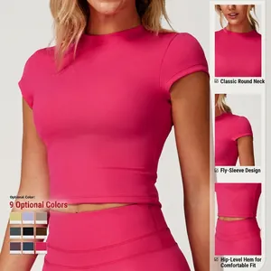 Women's rose red athletic yoga set with short sleeve top and high waist leggings