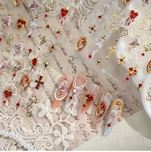 Detail of TL-406 nail stickers with 3D embossed baroque angels and crosses design