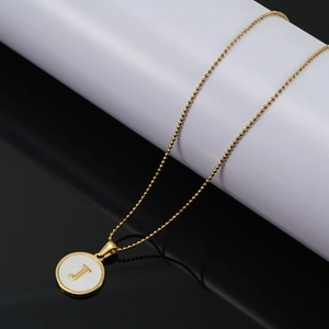 18K gold plated stainless steel ball chain necklace with white letter J pendant