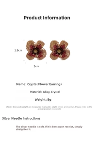 Detailed size chart for crystal flower stud earrings measuring 1.9cm x 2cm with dimensions