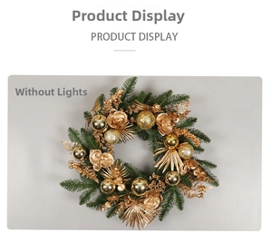 Detailed close-up of green PE Christmas wreath with luxury gold ornaments and festive berries