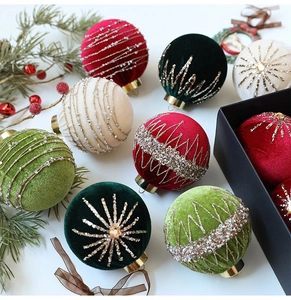 Detailed view of velvet Christmas ornaments with gold embroidery and sparkling sequins