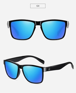 Detail view of G4 sunglasses with black frames and mirrored blue lenses for men
