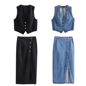 Gilet Di Jeans E Gonna Midi Da Donna Scollo A V Con Bottoni Gilet Corto Vita Alta Con Spacco Casual Street Retro