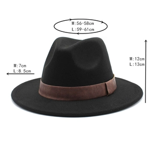 Detailed size chart showing brim and crown measurements for the wool fedora hat