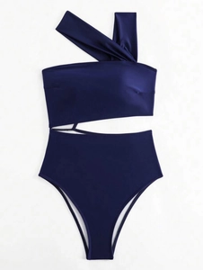 Flat lay of navy blue one-shoulder swimsuit with waist cut-out and high-waist design