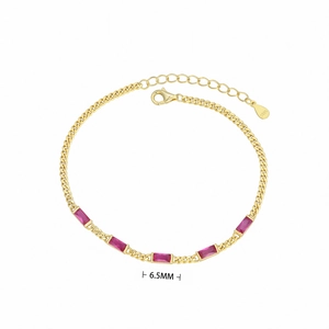 Detail of S925 sterling silver chain bracelet with five rectangular rose red zircon stones