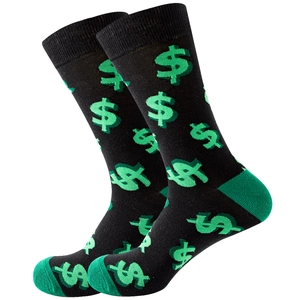 Black crew socks with green dollar sign pattern and knitted cotton texture for casual wear
