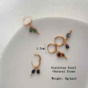 French vintage 18k gold plated titanium steel hoop earrings with square natural stones