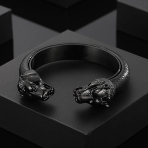 Men's punk black stainless steel open bracelet with dual lion heads and scale texture