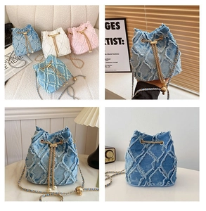 Collage of four denim bucket bags with fringe texture, pearl drawstrings, and chain straps
