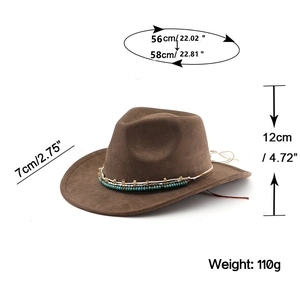 Detailed view of brown suede cowboy hat featuring ethnic beaded band with turquoise accents