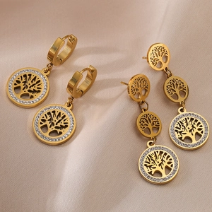 Goldene Lebensbaum-Ohrringe aus Edelstahl mit funkelnden Strasssteinen im Mehrschicht-Design