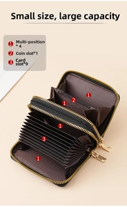 Detail view of the accordion wallet interior with 9 card slots and zip coin pocket
