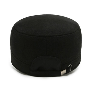Rear view of black wool cadet cap featuring adjustable silver metal buckle and premium stitching