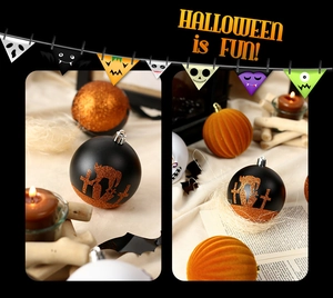 Detailed view of Halloween skull ornaments with glitter patterns and velvet textures
