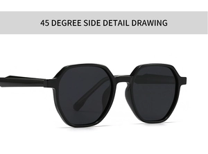 Close-up of 45-degree side view showing frame thickness of black polarized sunglasses