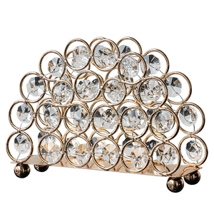 Modern gold crystal oval napkin holder with luxury metal rings and clear beads for tabletop