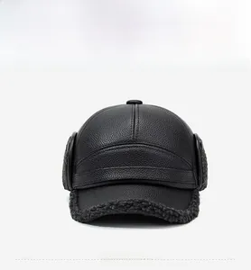 Detail of black pebbled leather baseball cap with thick grey fleece lining for ear protection