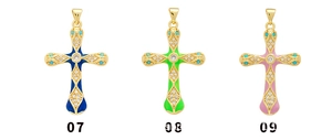Micro-inlaid 18K gold plated cross pendants with colorful enamel and white zircon stones