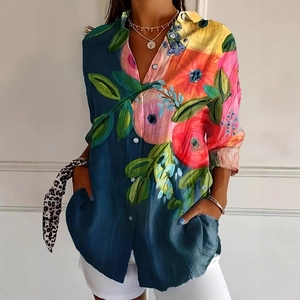 Women's casual long sleeve shirt with vibrant floral print and button-up design