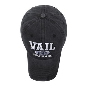 Vintage washed denim baseball cap with VAIL 1962 embroidery in charcoal grey